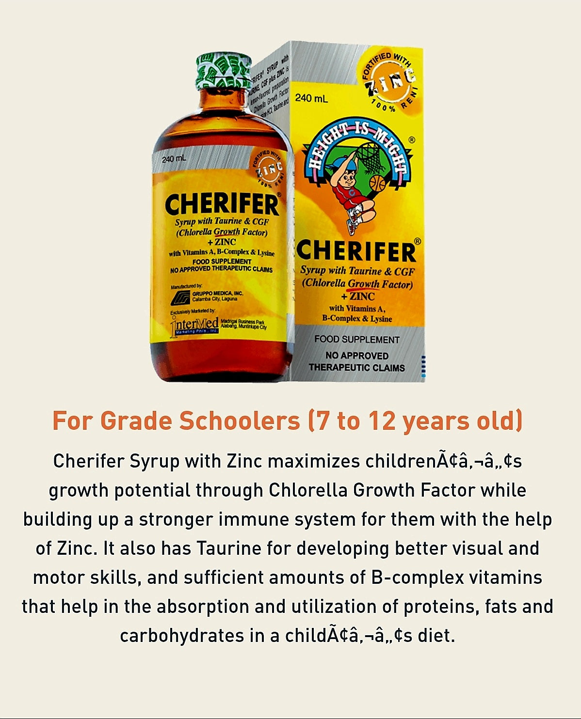 CHERIFER Syrup with Taurine & CGF Fortified with ZINC 240ml (For 7yrs-12yrs Old)