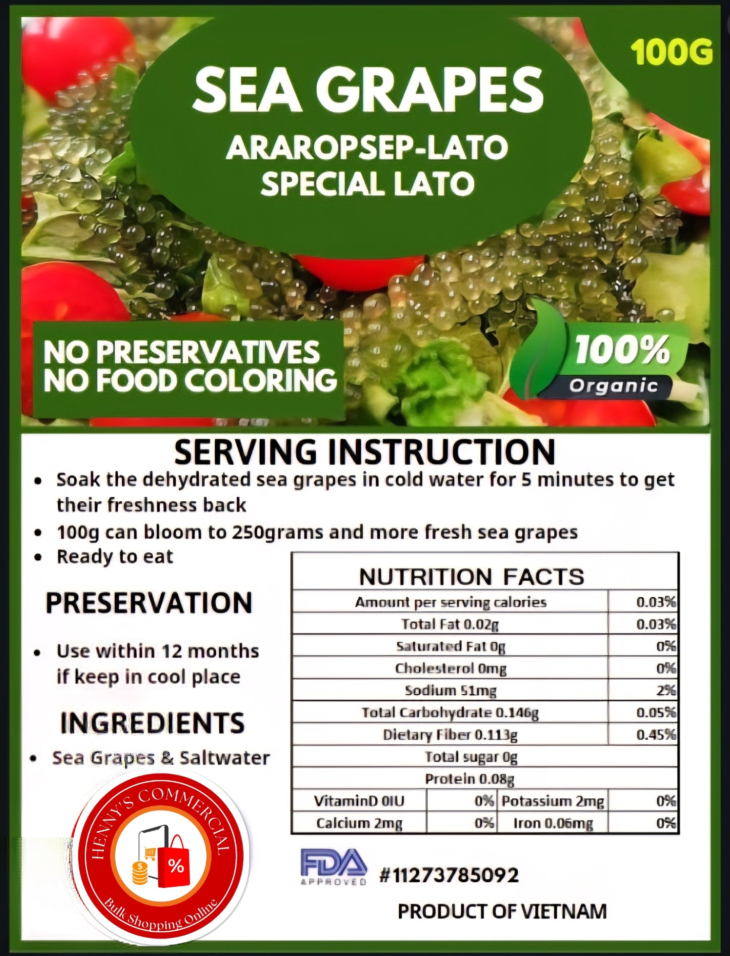 Premium Organic SEAGRAPES (LATO) 100g