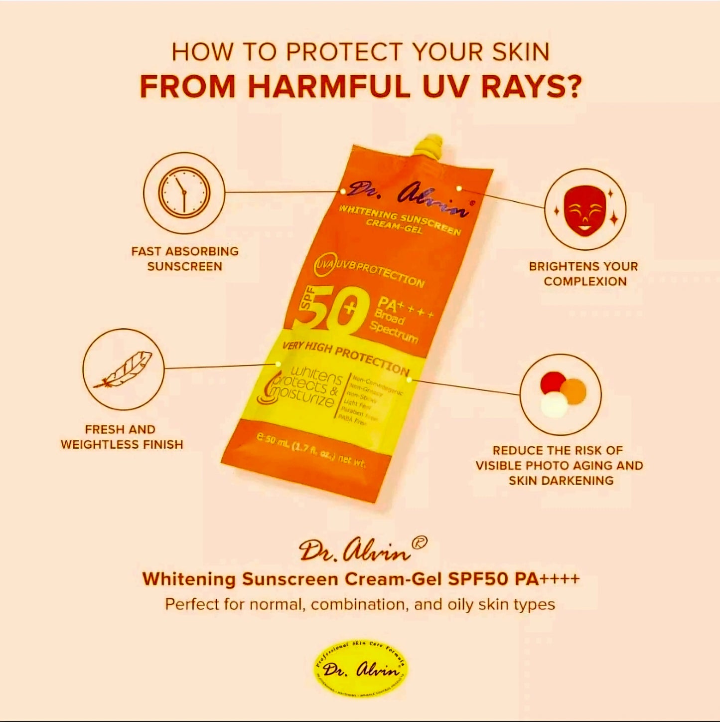 DR.ALVIN WHITENING SUNSCREEN CREAM-GEL SPF50 PA++++ 50G