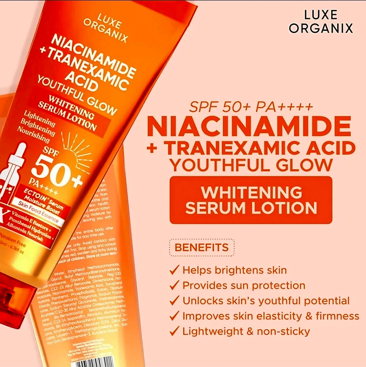 Luxe Organix Youthful Glow NIACINAMIDE + TRANEXAMIC ACID Whitening Serum Lotion SPF50 PA++++ 200ml