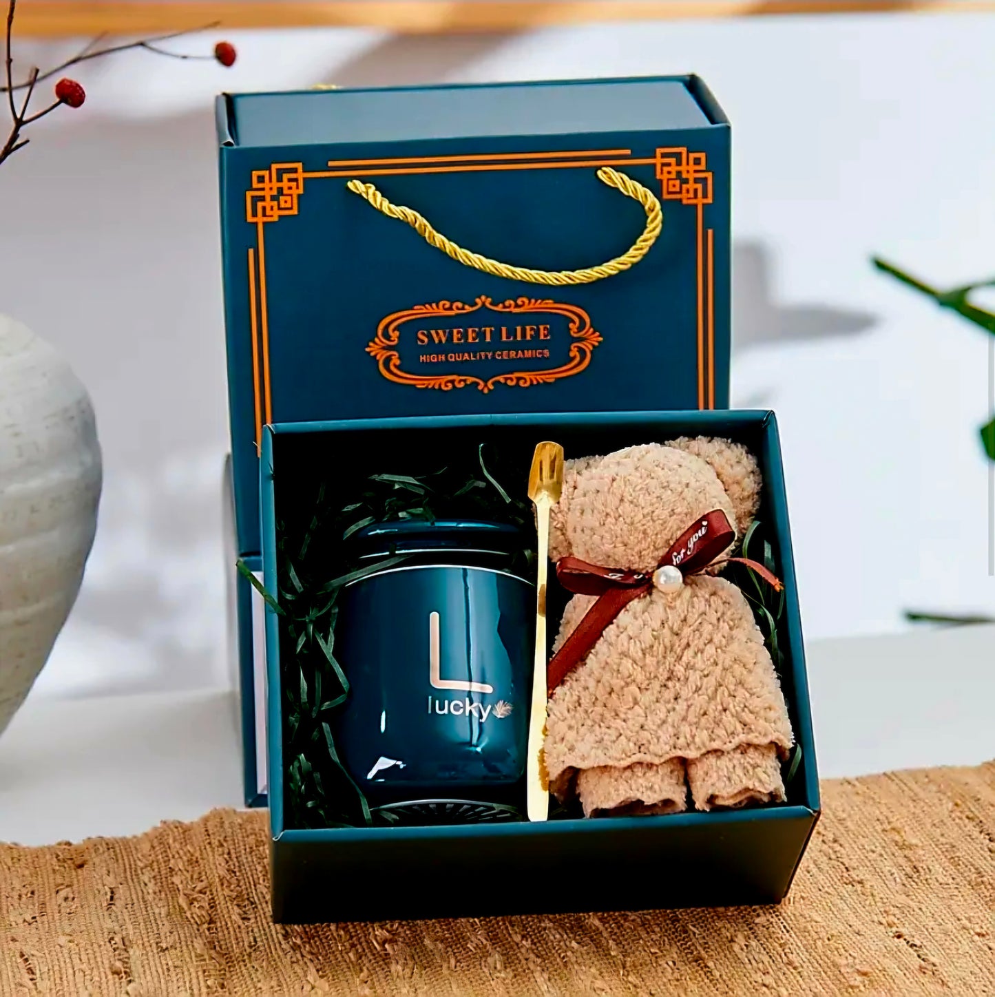 Lucky Mug with Teddy Towel Gift Set (PINK, GREEN, ORANGE, RED)