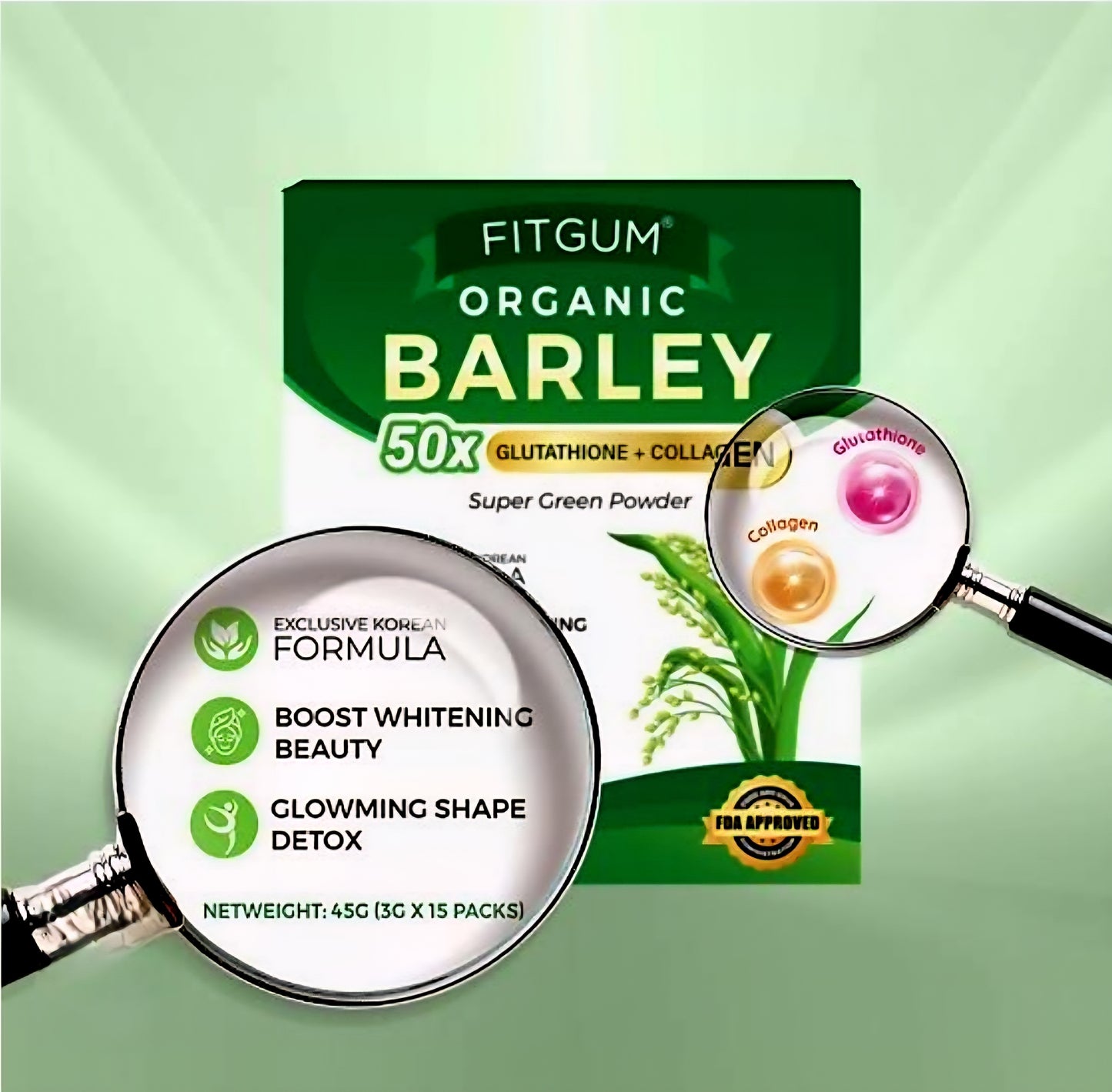 FITGUM Organic Barley 50x Glutathione + Collagen 3g×15sachets (45g)