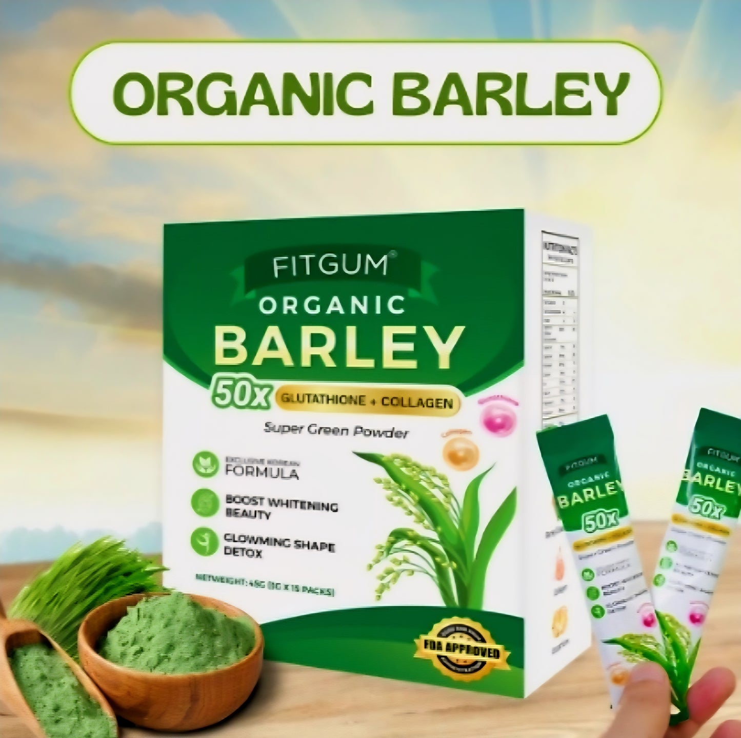 FITGUM Organic Barley 50x Glutathione + Collagen 3g×15sachets (45g)