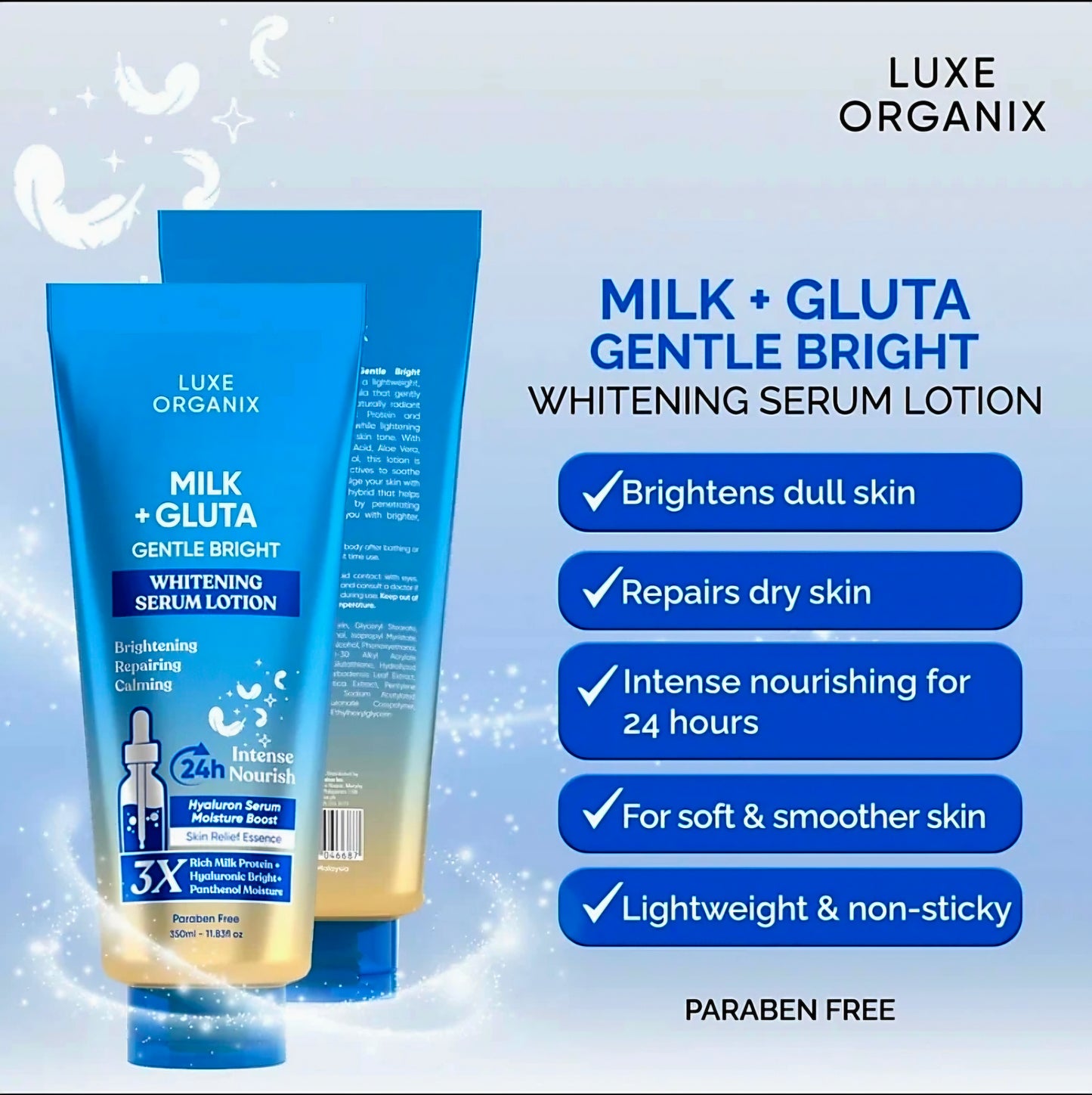 Luxe Organix MILK + GLUTATHIONE Youthful Gentle Bright Whitening Serum Lotion 350ml