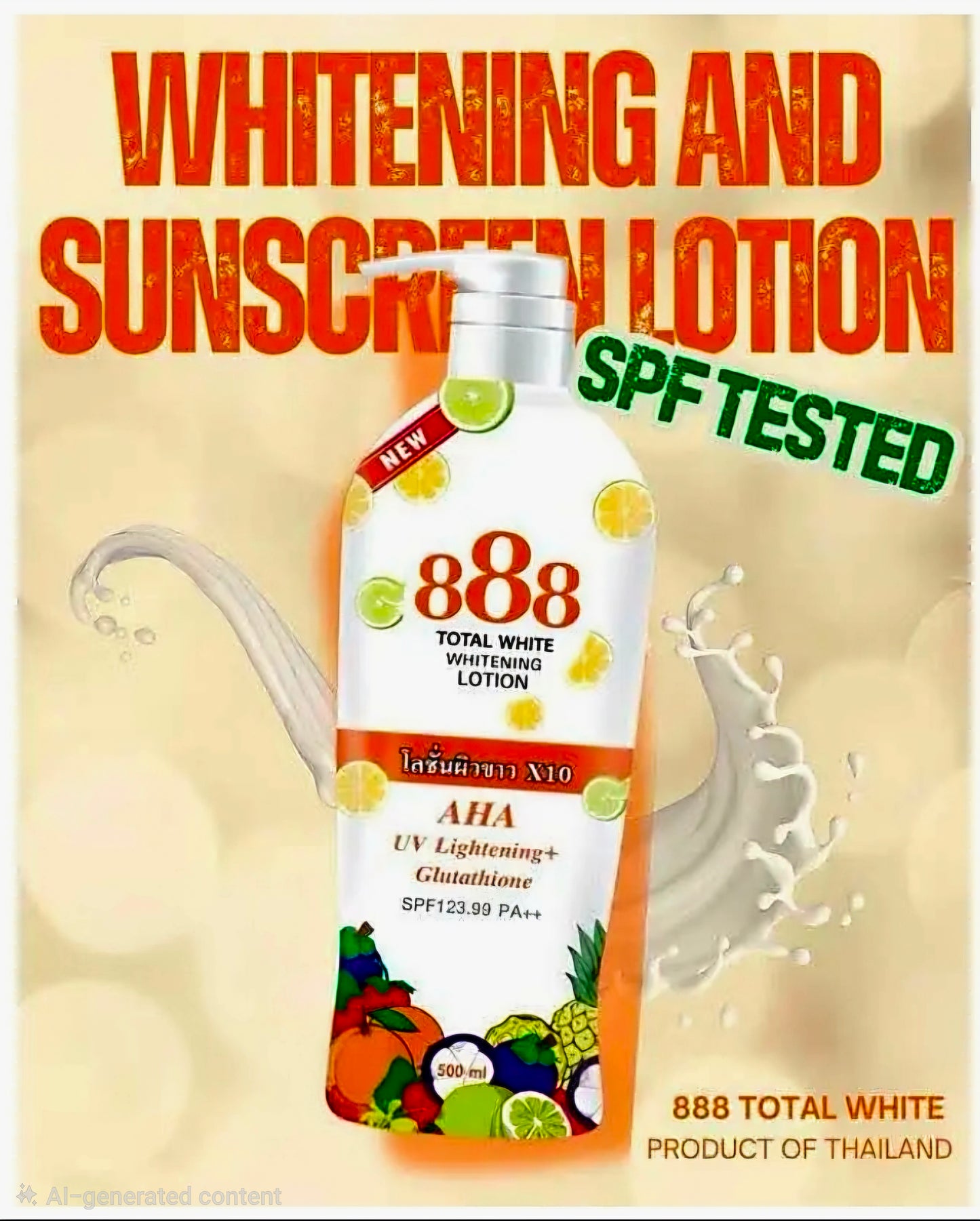 888 Total White Whitening Lotion AHA UV Lightening + Glutathione SPF123.99 PA++ 500ml