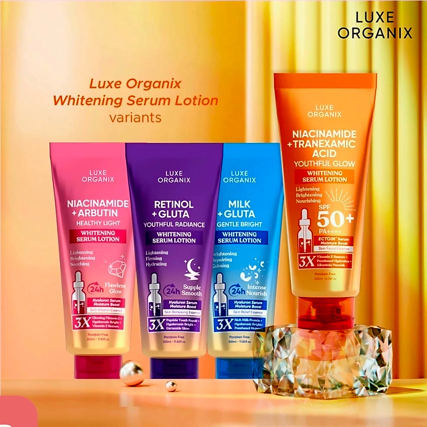 Luxe Organix Youthful Glow NIACINAMIDE + TRANEXAMIC ACID Whitening Serum Lotion SPF50 PA++++ 200ml