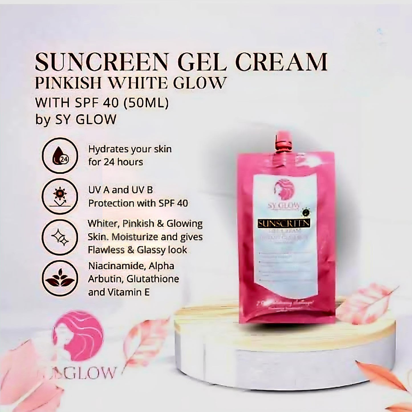 SY GLOW SUNSCREEN Gel Cream Instant Glass Skin SPF40 50ml Resealable Pouch