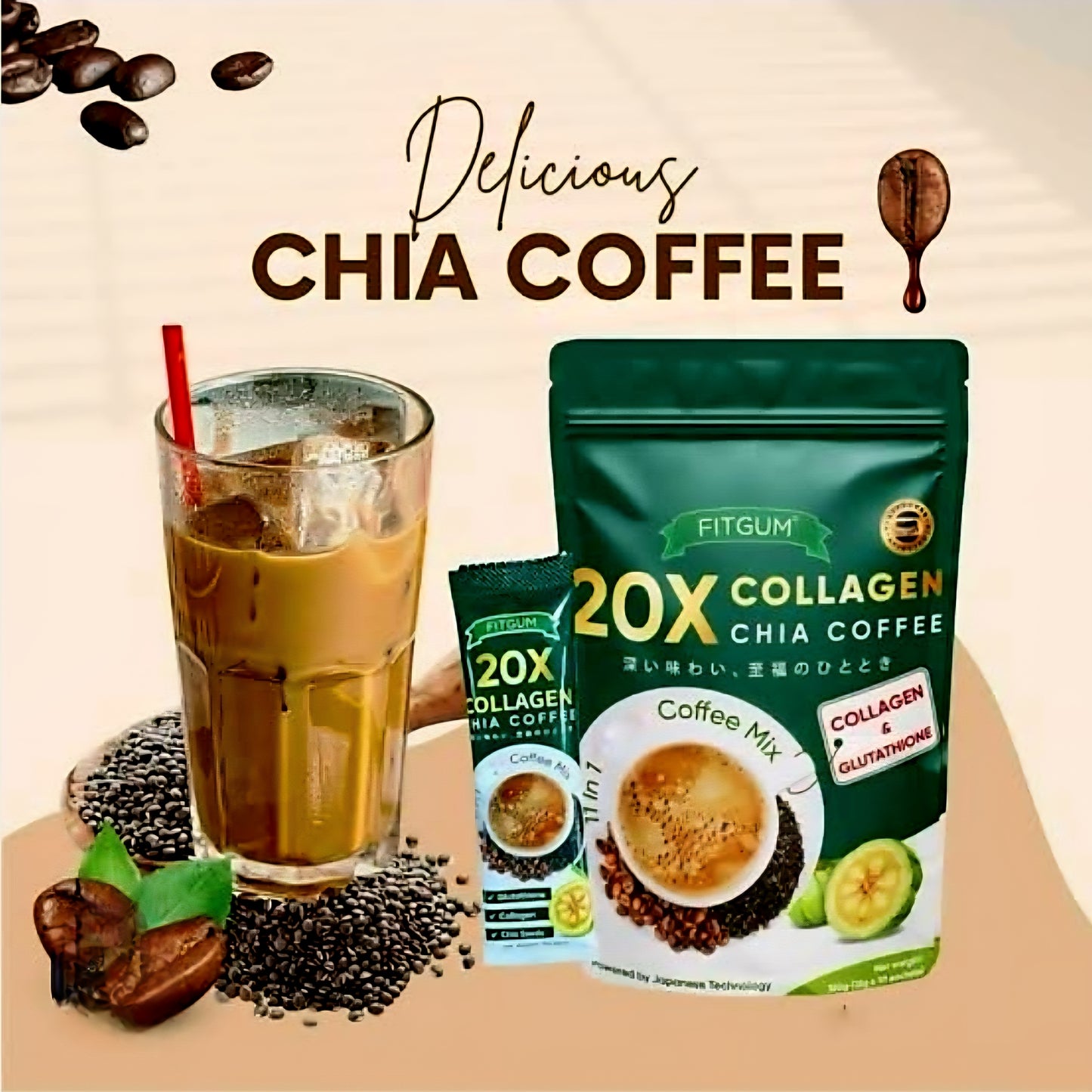 FITGUM 20X Collagen Chia Coffee 11-in-1 Shape Coffee Mix 12g×10sachets
