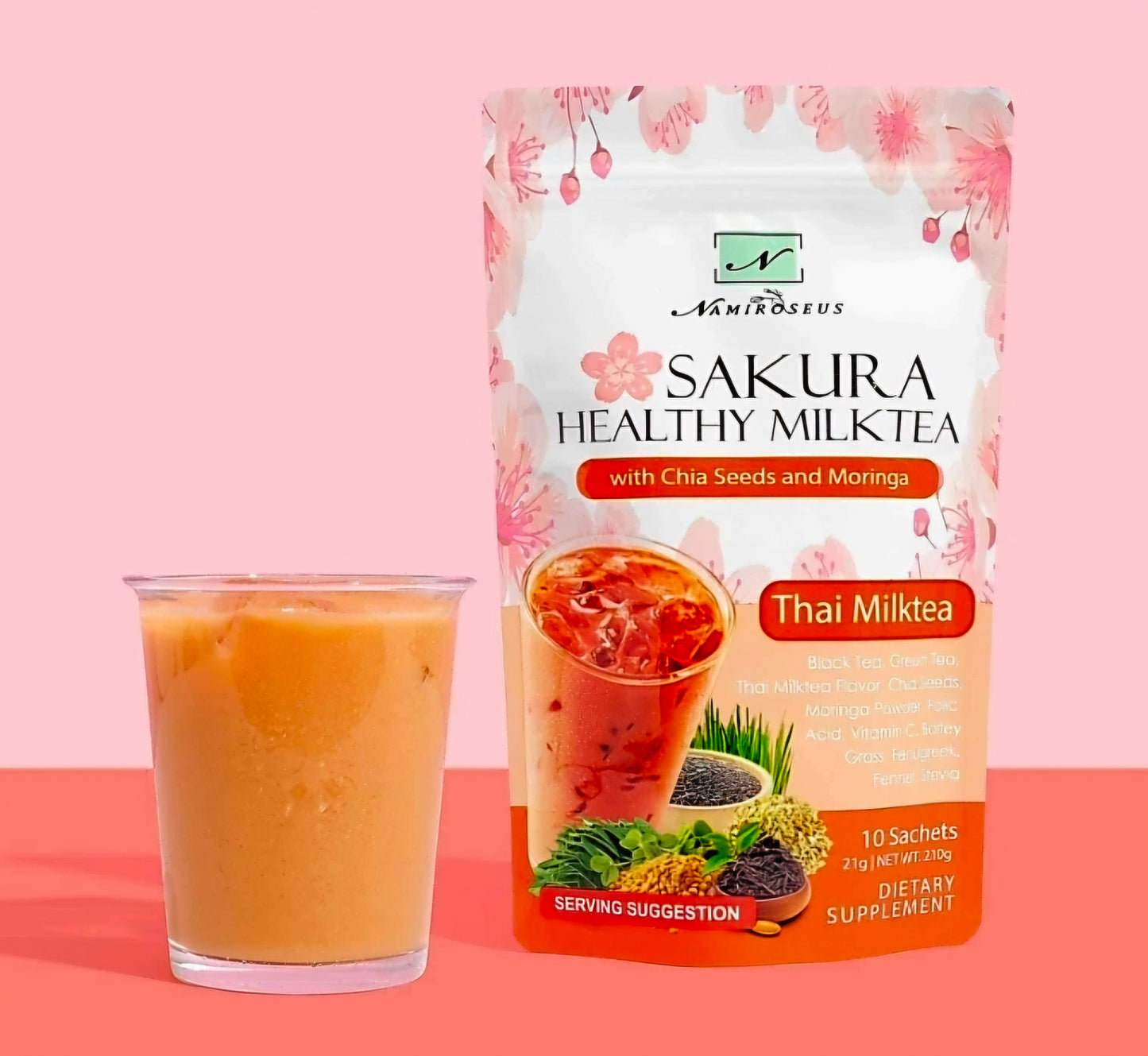 Namiroseus SAKURA HEALTHY THAI MILK TEA with CHIA Seeds & MORINGA 21g x 10-sachets
