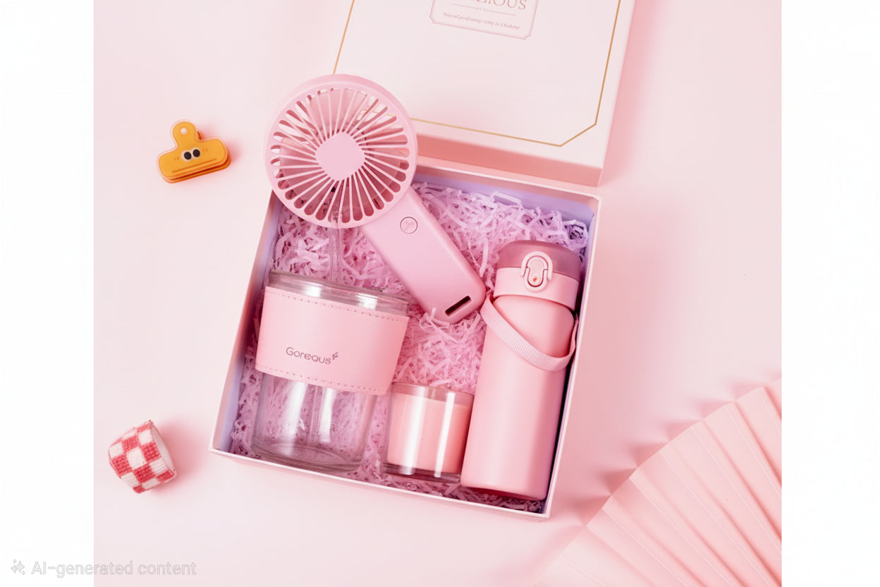 MAMA PINK GIFT SET (Travel Mug with Straw, Umbrella, Mini  Rechargeable Fan)