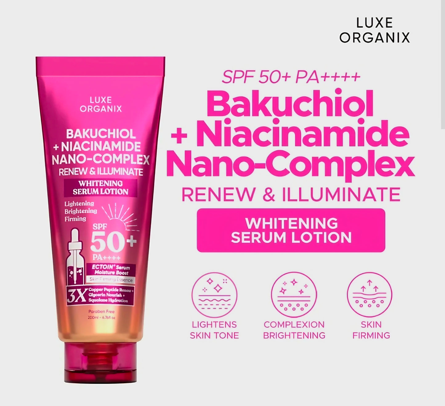 Luxe Organix BAKUCHIOL + NIACINAMIDE NANO-COMPLEX Renew & Iluminate Whitening Serum Lotion 200ml
