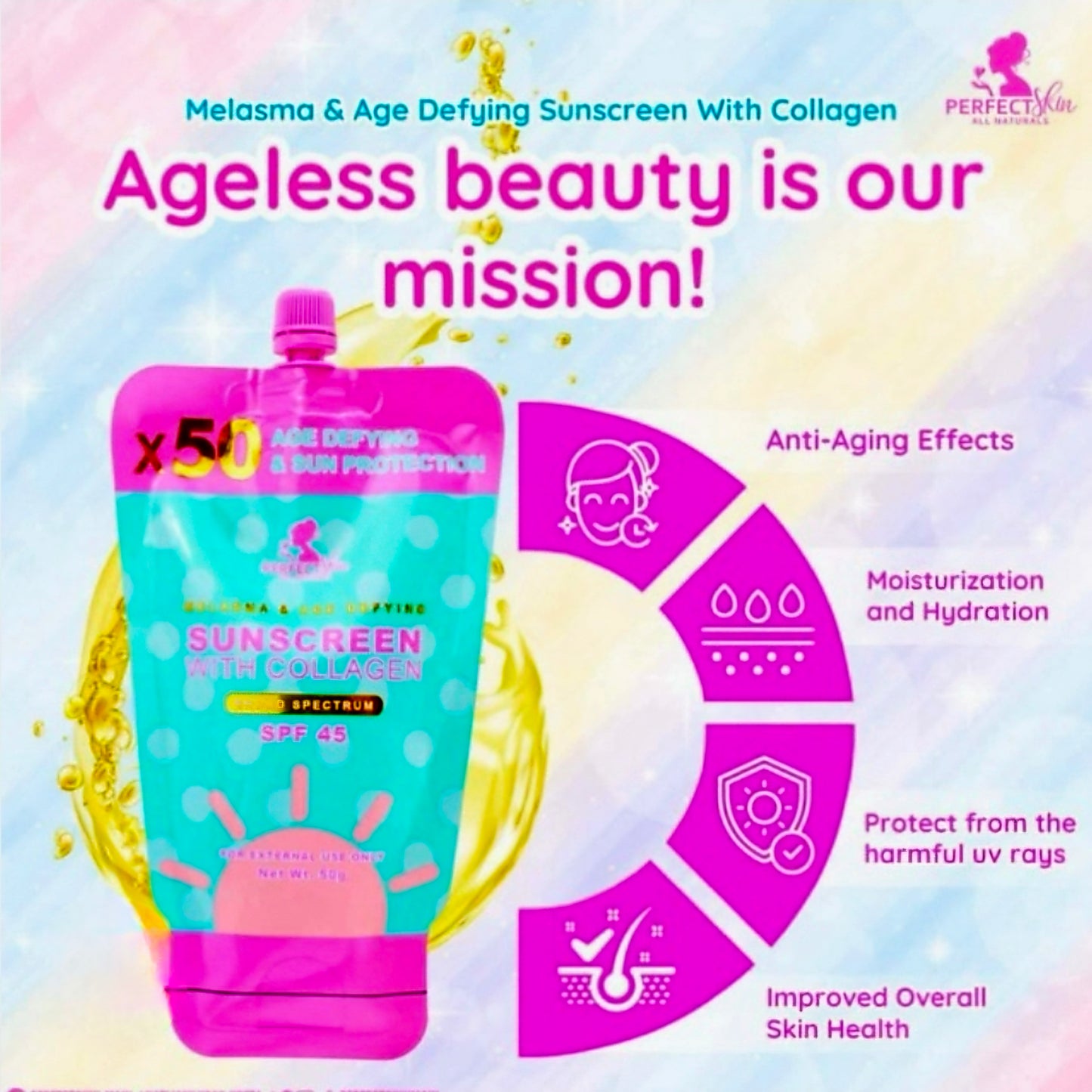 Perfect Skin SUNSCREEN WITH COLLAGEN x50 Age Defying Sun Protection SPF45 50g (Resealable Cap)