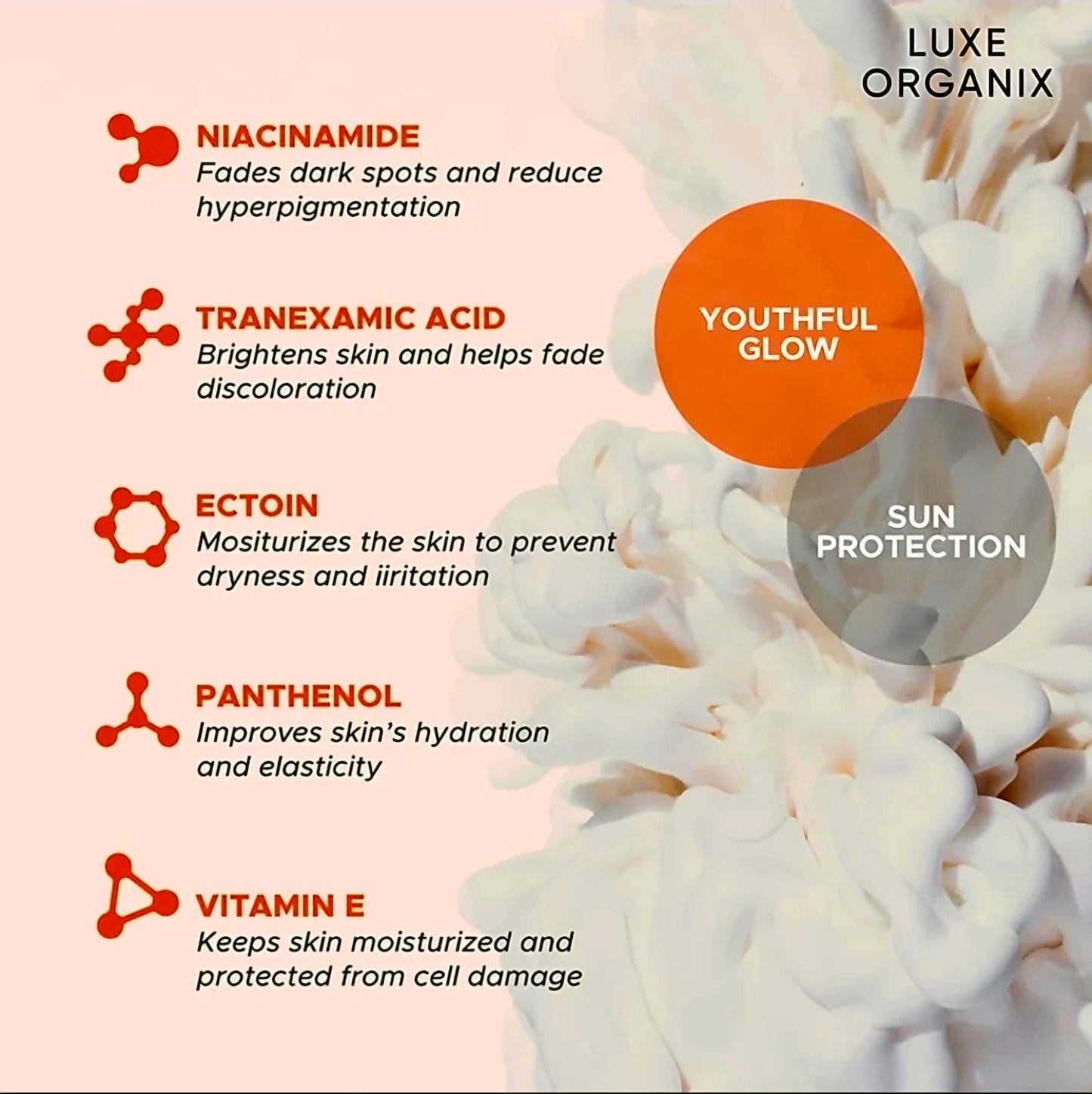 Luxe Organix Youthful Glow NIACINAMIDE + TRANEXAMIC ACID Whitening Serum Lotion SPF50 PA++++ 200ml