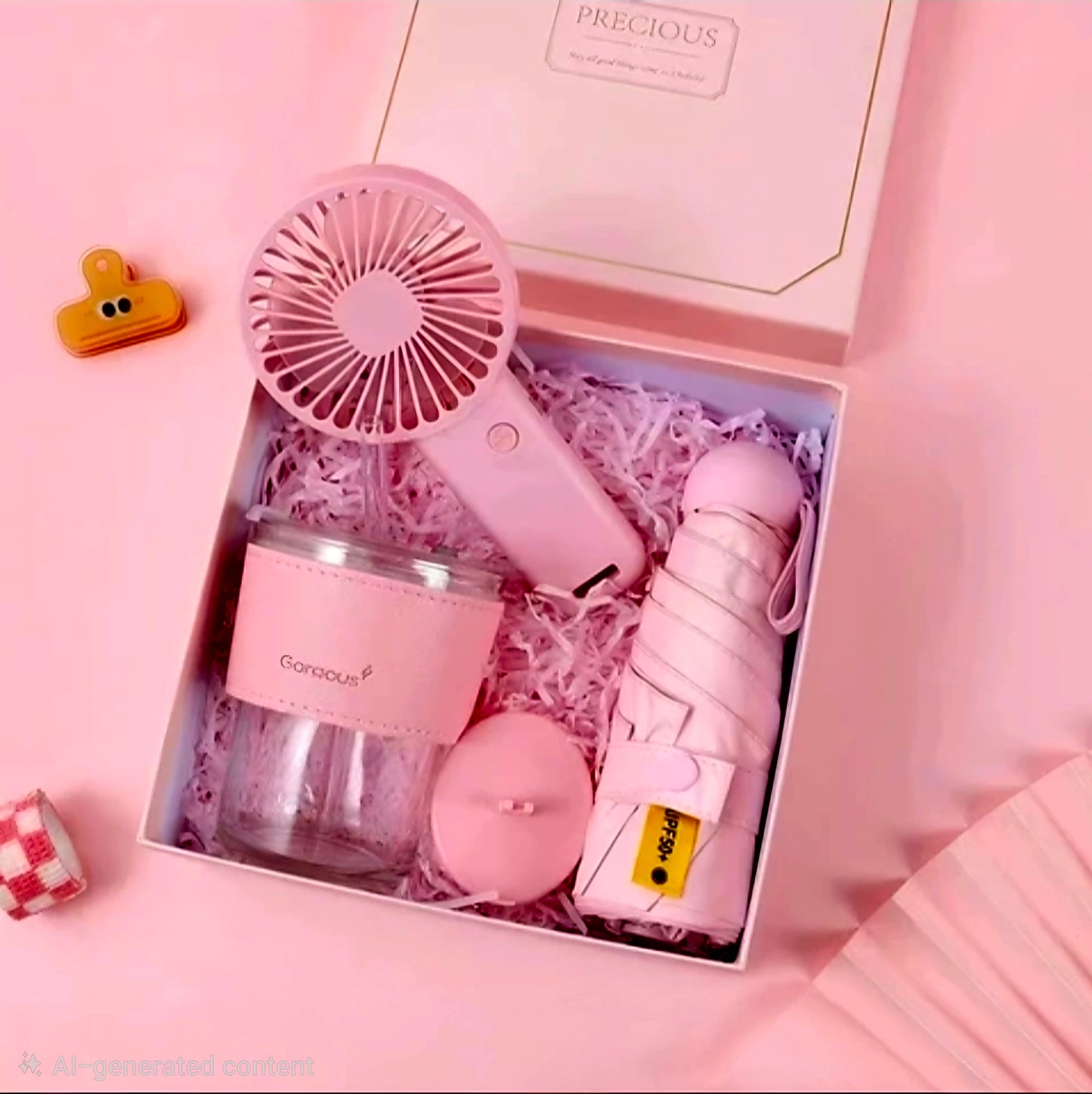 MAMA PINK GIFT SET (Travel Mug with Straw, Umbrella, Mini  Rechargeable Fan)