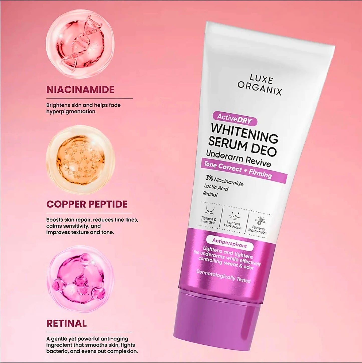 Luxe Organix WHITENING SERUM DEO Underarm Revive Tone Correct + Firming 50g