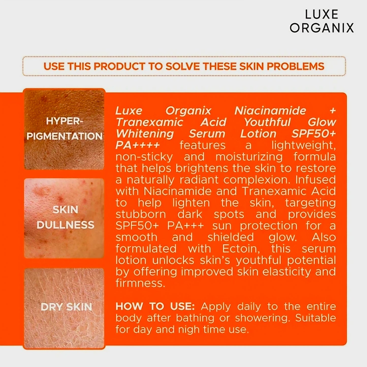 Luxe Organix Youthful Glow NIACINAMIDE + TRANEXAMIC ACID Whitening Serum Lotion SPF50 PA++++ 200ml