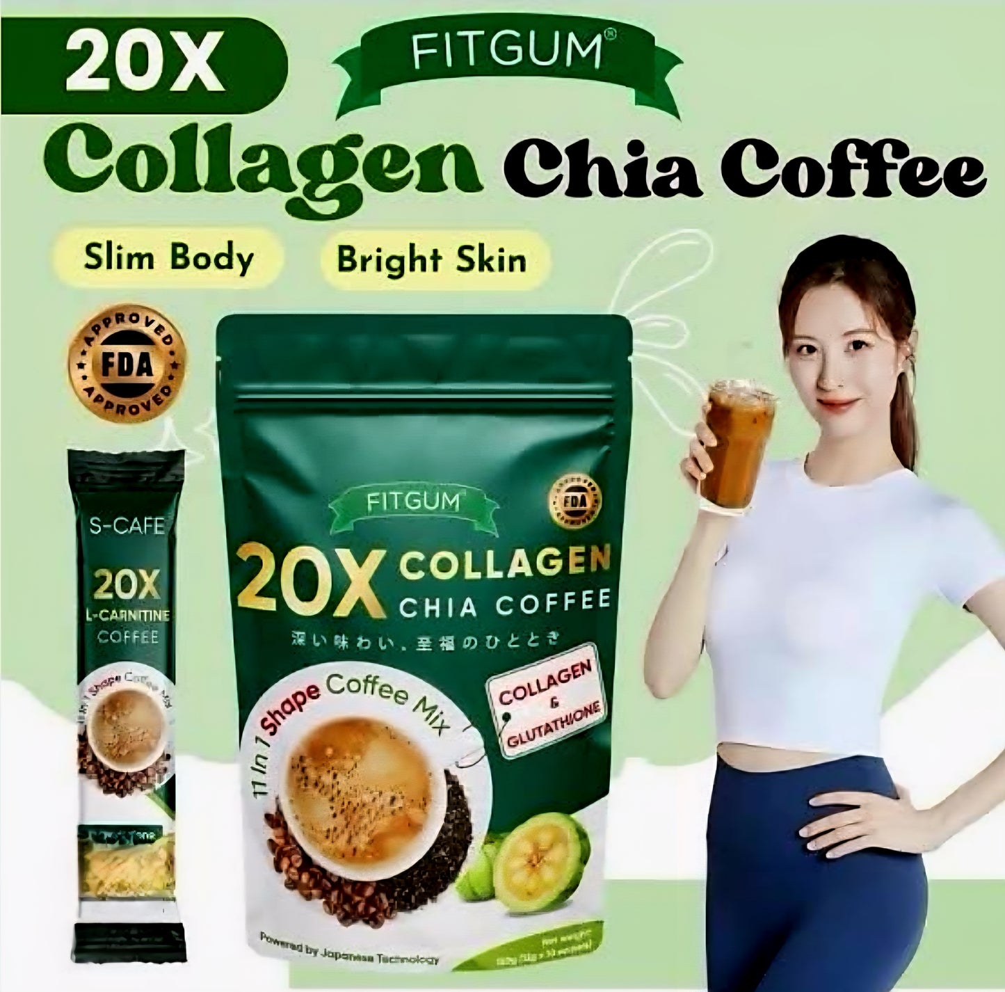 FITGUM 20X Collagen Chia Coffee 11-in-1 Shape Coffee Mix 12g×10sachets